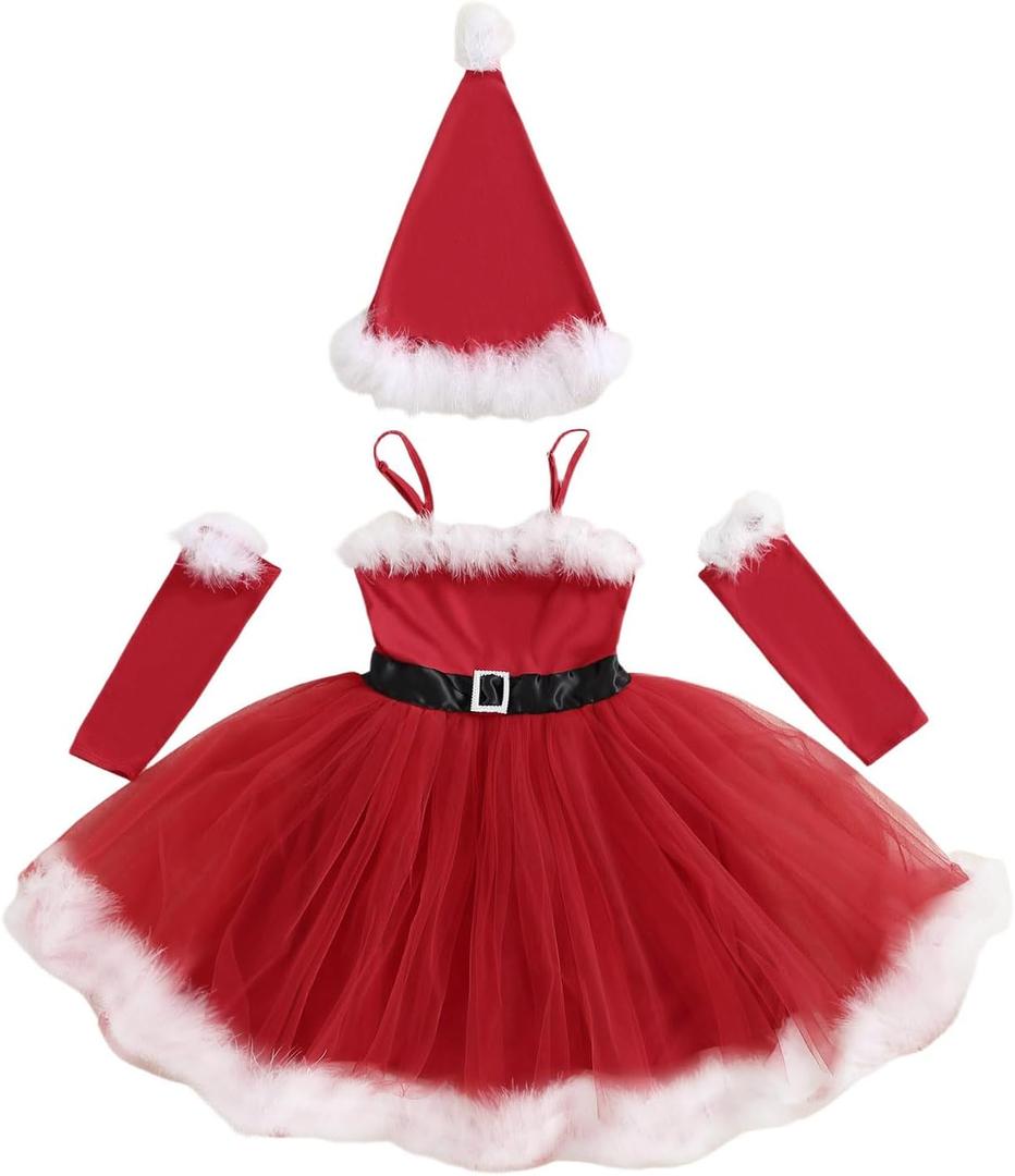 Amnnchya Christmas Toddler Girl Dress Sleeveless Santa One-Piece Dresses Arm Sleeves Hat Set Kids Girls Christmas Outfit, 4-5Y