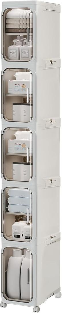 5-Tier Tall Narrow Storage Cabinet with Transparent Doors and Shelves,Plastic Slim Bathroom Organizer, Foldable Storage Cabinet for Small Space, Bathroom, Kitchen