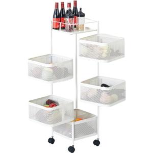 5 Tier Rotating Rolling Storage Cart with Top Lid & 360 Wheels, Metal Mesh Rolling Cart Organizer for Fruits Vegetables Groceries Potato Onion Corns, Kitchen Storage Cart No Assembly, White