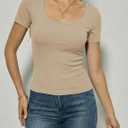 Womens Scoop Neck Ribbed Short Sleeve Tops Fitted T Shirt Slim Fit Casual Summer Basic Tee (Beige, L)