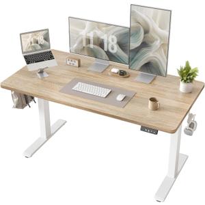 TIQLAB Electric Height Adjustable Standing Desk 47.2×23.6 inch, Sit Stand Desk with Splice Board, Memory Controller, White Frame & Maple Top Computer Workstation for Home Office
