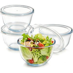 4-Piece Glass Bowls with Lids, Oven Dishwasher Safe Serving Bowls Serving, Clear Glass Serving Bowls for Salad, Pasta, Soup, Cereal-27 oz Capacity