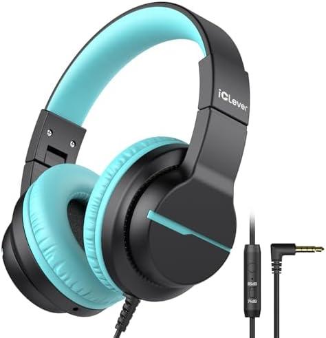 iClever HS19 Kids Headphones with Microphone for School, Volume Limiter 74/85dBA, Over-Ear Girls Boys Headphones for Kids with Shareport, Foldable Wired for iPad/Travel (Black, Blue)
