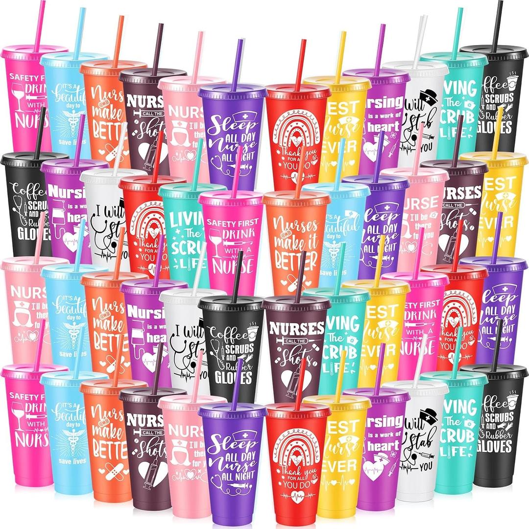 Uiifan 48 Pcs Nurse Week Gifts Bulk 2026 Nurse Appreciation 24 oz Reusable Tumbler with Lid and Straw for Ot Month Thank You Practitioner Graduation Gift (Stylish)