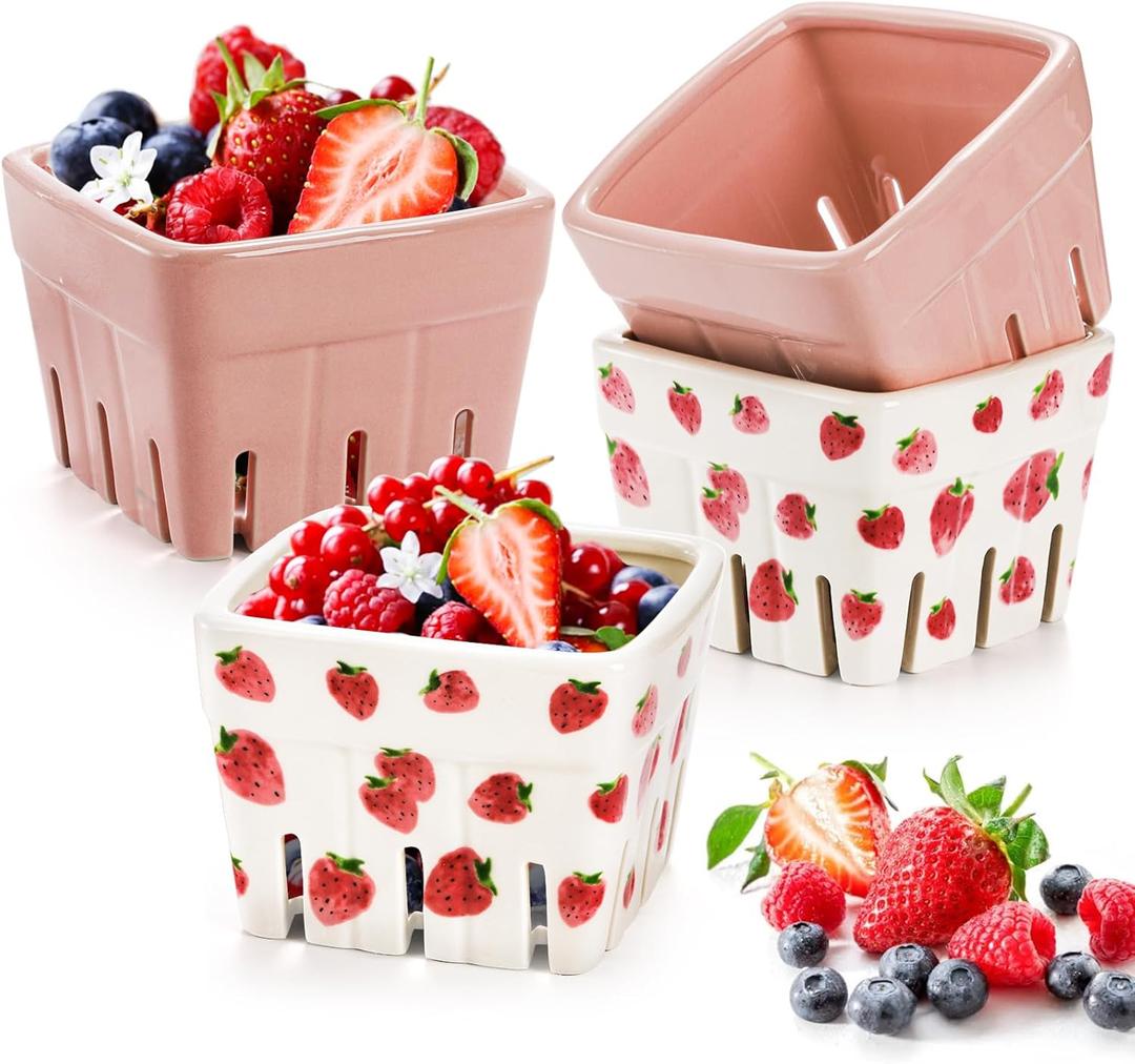 Pumtus 2 Pack Ceramic Berry Basket, Square Fruit Bowls, Kawaii Strawberry Kitchen Bowl Containers, Cute Stoneware Berry Colander Bins for Veggie, Berries, Fruits, Home Decor