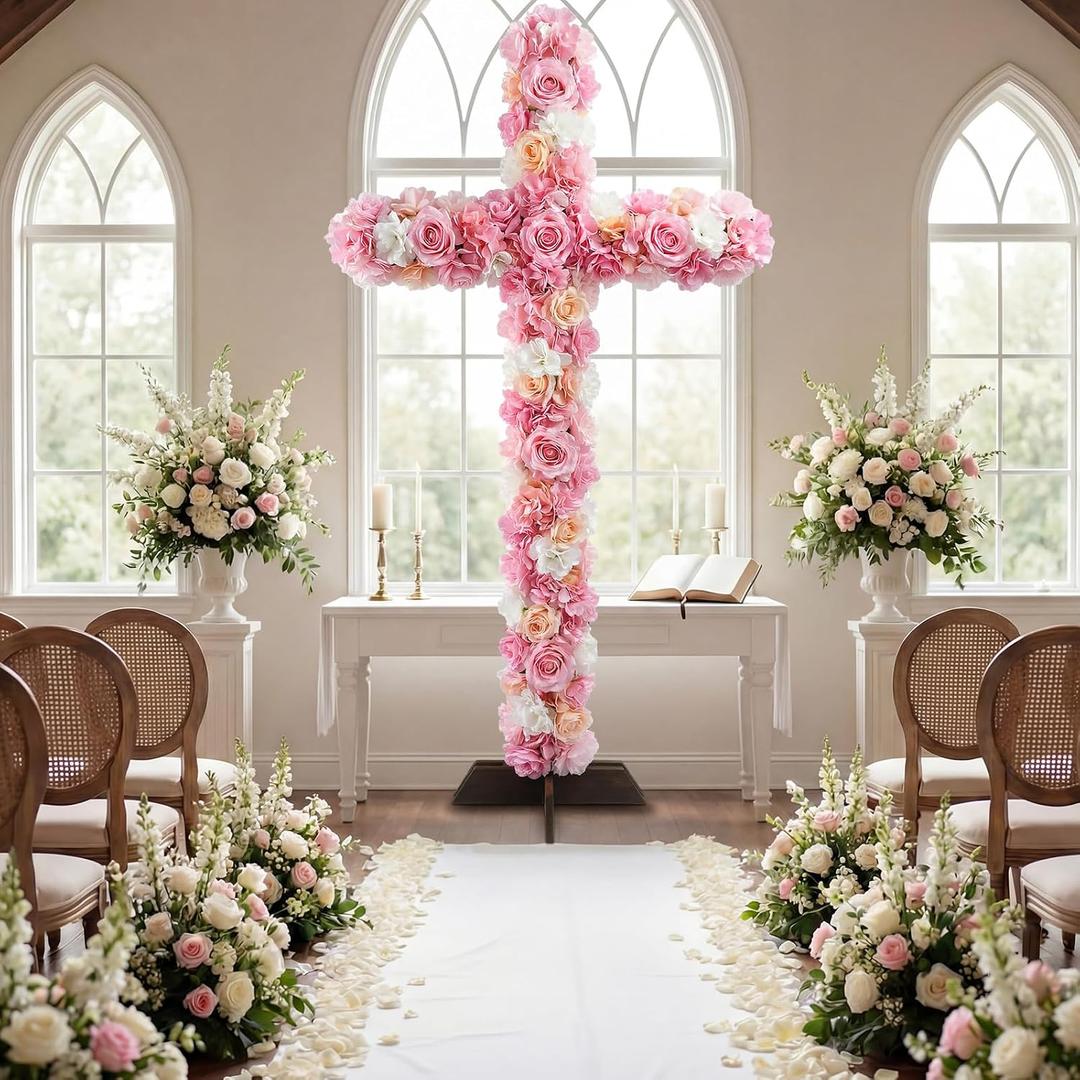 Novabright 59 Inch Extra Large Flower Cross Outdoor Spring Floral Sign Large Wooden Cross with Flower Outdoor Religious Garden Yard Floral Decor for Spring Wedding Church Lawn Religious Celebrations