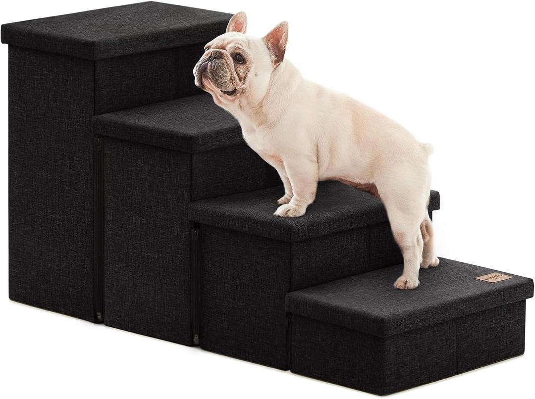 Love's cabin Dog Stairs for Small Medium or Large Dogs with Storage and Adjustable Steps, Foldable Cat Steps for Bed or Couch, 4-Step Black Folding Ramp with Zip up to 200 lbs, Black