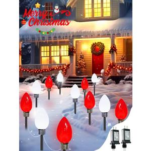 12 Pack Large C9 Christmas Decorations Outdoor, Waterproof C9 Christmas Lights Plug in with 2 Modes and Timer, Pathway Light for Party Indoor Yard Patio Walkway Garden Xmas Decoration (Red and White)