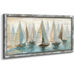 Beach Pictures Wall Decor Framed: Large Coastal Artwork Sailboat Picture Wall Art Abstract Painting on Ocean Seaside Wooden Art for Bedroom(48x24)