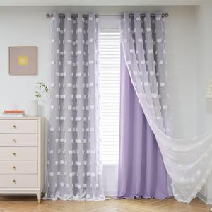 MYSKY HOME Lilac Curtains for Living Room 84 Inches Long Pom Pom White Sheer Curtains for Girls Room Nursery Curtains Double Layer for Toddler Bedroom Grommet Room Darkening Window Panels 52 x 84 in