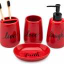 Red Ceramic Bathroom Accessories Set, 4 Piece Farmhouse Bathroom Decor, Soap Dispenser, Toothbrush Holder, Tumbler & Soap Dish, Live Love Laugh Faith Bathroom Countertop Set
