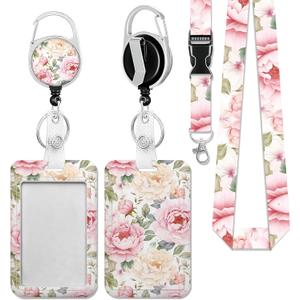 Vintage Beautiful Floral Badge Holder with Detachable Lanyard, ID Card Holder Vertical ID Protector Clips, Fashionable Name Tags Clips with Heavy Duty Badge Reel for Nurse Doctor Office Employees
