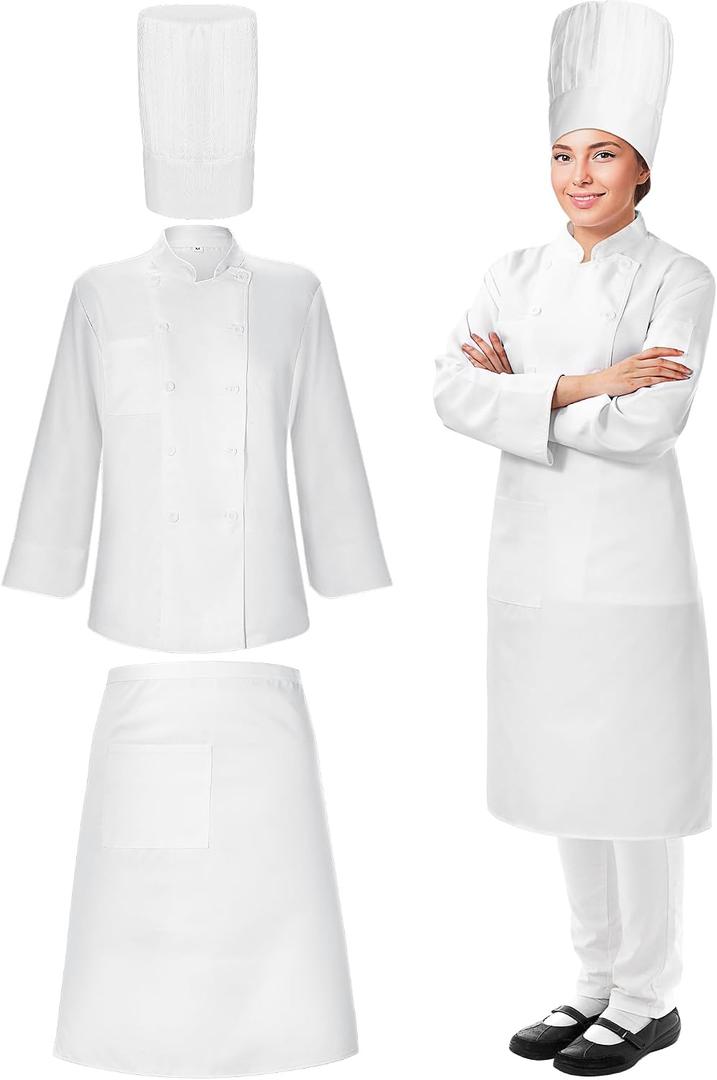 Hillban 3 Pcs Women Chef Coat Unisex Chef Jacket Uniform Tall Hat Costume Coat Shirt Bistro Apron Set (White, S)