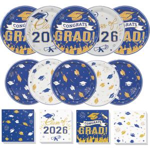 200Pcs Graduation Plates and Napkins 2026,Blue and Gold Graduation Decorations,Congrats Grad Plates Class Of 2026 Plates and Napkins for College High School Graduation Party, Serve 50