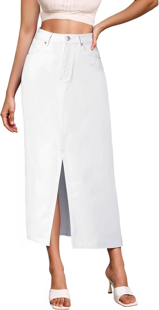 Hybrid & Company Women's Long Denim Skirt Stretch Jean Skirt for Office and Casual Wear (White, M)