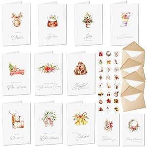 JOYIN 24 PCS Christmas Cards with Envelopes and Stickers, 12 White Different Designs Simplicity Bulk Xmas Greeting Cards 4" x 6" Inches for Wintertime Season, present Giving to Friends and Family