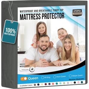 Utopia Bedding Waterproof Mattress Protector Queen Size, Premium Terry Mattress Cover 200 GSM, Breathable, Fitted Style with Stretchable Pockets (Gray) (Grey)