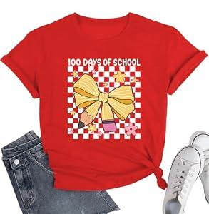 100 Days of School Shirt for Kindergarten Teacher: Bow Pencil Shirts,Teacher Appreciation Short Sleeve Shirts, M, Red