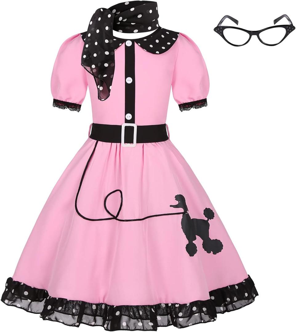 Girls 50s Costume 1950s Pink Blue Poodle Cutie Dress Set for Kids Halloween Costume (10-12 Years)