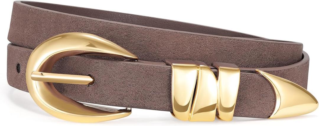 XZQTIVE Women's Skinny Leather Belts Ladies Thin Waist Belts for Jeans Dress Pants Trendy Black Belt with Gold Buckle 25-30