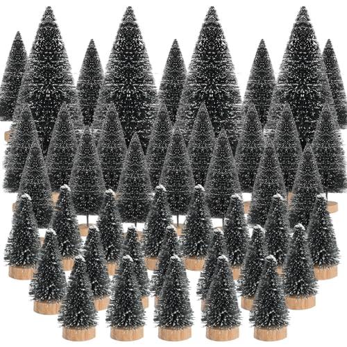 44Pcs Mini Christmas Trees Artificial Pine Trees,Black Sisal Trees Bottle Brush Trees Snow Frosted Christmas Tree with Wood Base for Christmas Home Table Decor