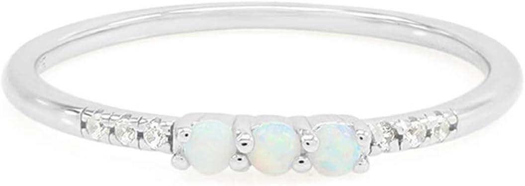 3 Stone Opal Ring for Women with Cubic Zirconia, Dainty Minimalist Stackable Promise Ring in 10K Solid Gold or 14K Gold Plated 925 Sterling Silver Jewelry Gift for Her (Ring Size-6)