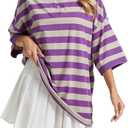 Womens Striped Polo T-Shirts Oversized Short Sleeve Top Cotton Color Block Loose Basic Tee Casual Tunics Summer Spring Tops (Purple, M)