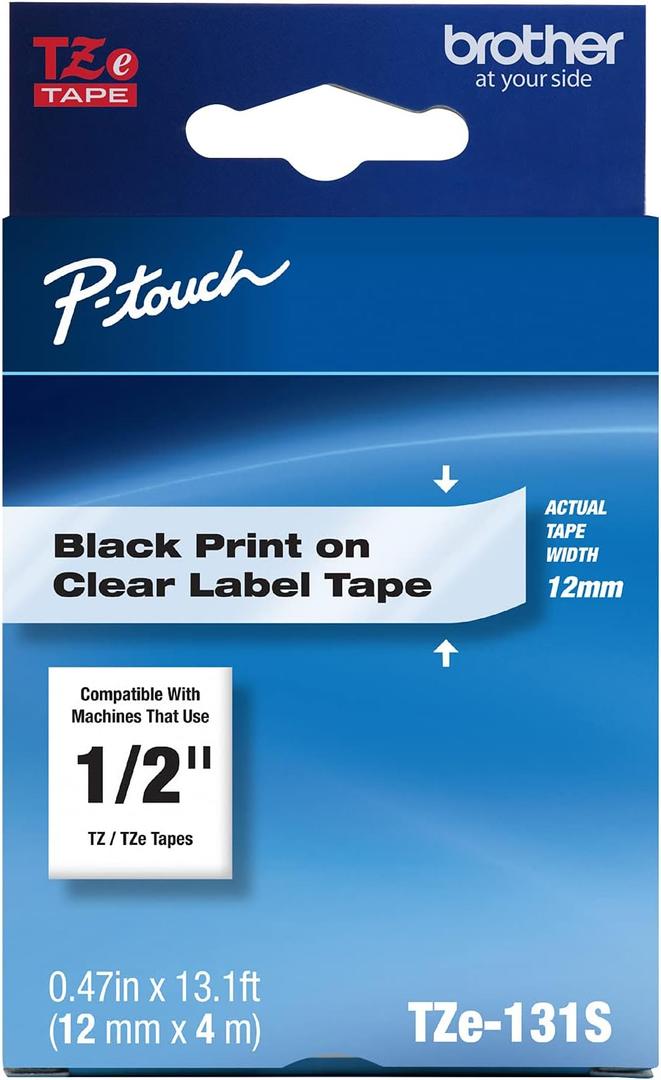 Brother Genuine P-Touch TZe-131S Economy Label Tape, Standard Laminated P-Touch Tape, Black on Clear, Perfect for Indoor or Outdoor Use, Water Resistant, (4M), Single-Pack (0.47 in x 13.1 ft)