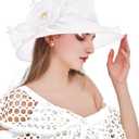 Women Derby Fascinator Hat Organza Church Wedding Hats Wide Brim Cocktail Tea Party Hat (White, S)