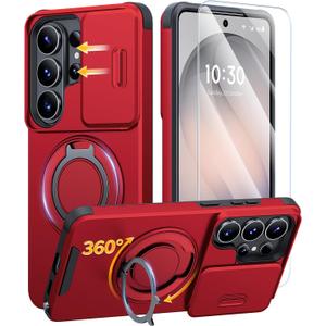 JAME for Samsung Galaxy S26 Ultra Case, Ring Holder Stand Kickstand, Slide Camera Cover with Screen Protector, Dual-Layer Shockproof Protective Magnetic Accessory Friendly S26 Ultra Phone Case, Red