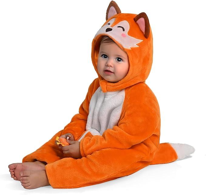 Spooktacular Creations Halloween Baby Fox Pajama, Romper Toddler Animal Costume One-piece Pajama, Zip-up Romper Hooded Jumpsuit Halloween Costume , 3T