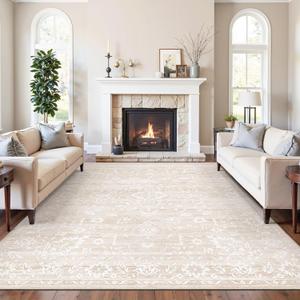 9x12 Area Rug for Living Room, Stain Resistant Neutral Washable Rugs for Dining Room, Bedroom, Floral Vintage Non-Slip Extra Large Beige Rug