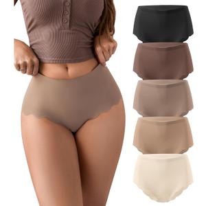 SHARICCA Seamless High Waisted Underwear for Women Cheeky Underwear Wave Edge No Show Bikini Panties Ribbed Panties Pack (Large, 5p - Brown)