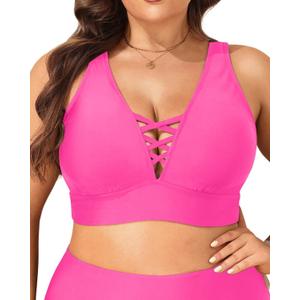 Plus Size Bikini Top Only - Women Swim Bra Lace Up Swimsuit Top V Neck Bathing Suit Tops for Large Bust Swimwear 2025 (Pink) 18W