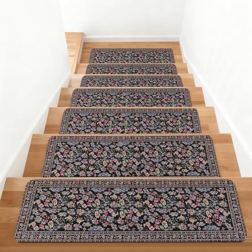 KingMang Vintage Floral Stair Treads Non Slip Carpet Stair Treads for Wooden Steps Indoor 15PCS 30"x8" Stair Runner Stair Mats Safety Staircase Step Treads for Elders Kids Dogs Light Black