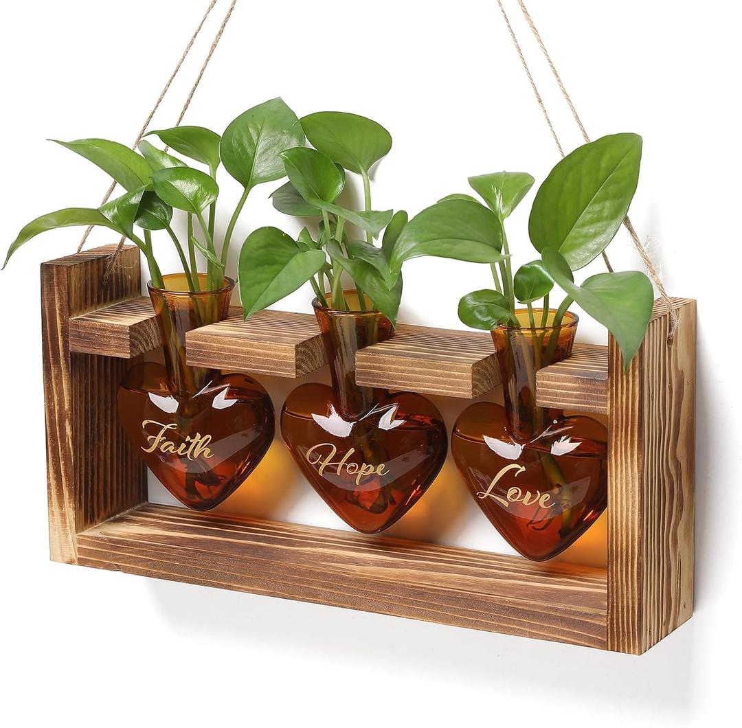Plant Terrarium Propagation Stations Faith Hope Love Hydroponics Home Garden Decoration Gift for Women with Wooden Stand Heart Shaped Colored Glass Vase (Amber(faith Hope Love))
