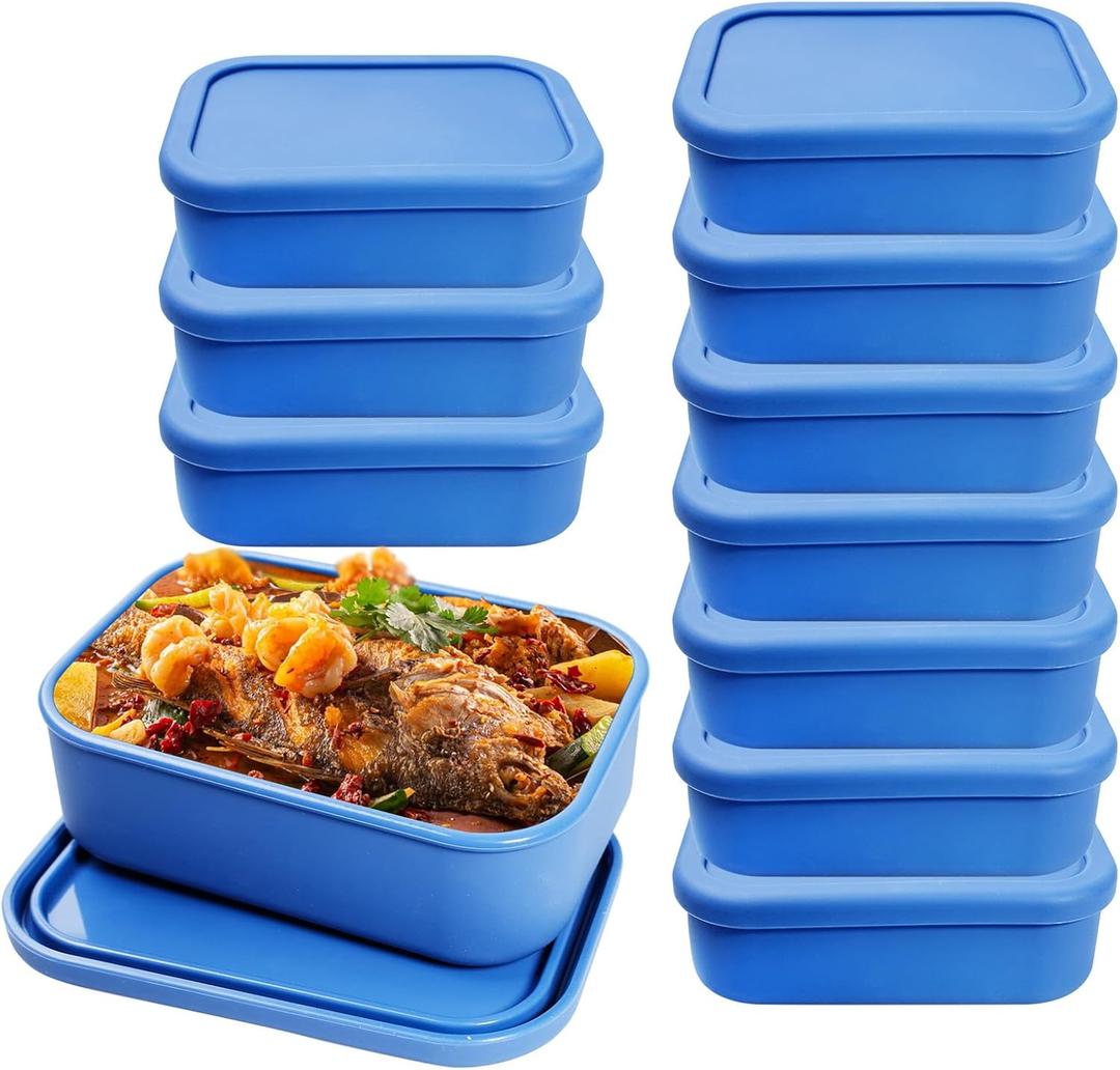 10 Pcs 2 Cup Silicone Freezer Trays with Lids Reusable Food Tray Freezing Molds Rectangle Containers for Food Preserving (Blue)