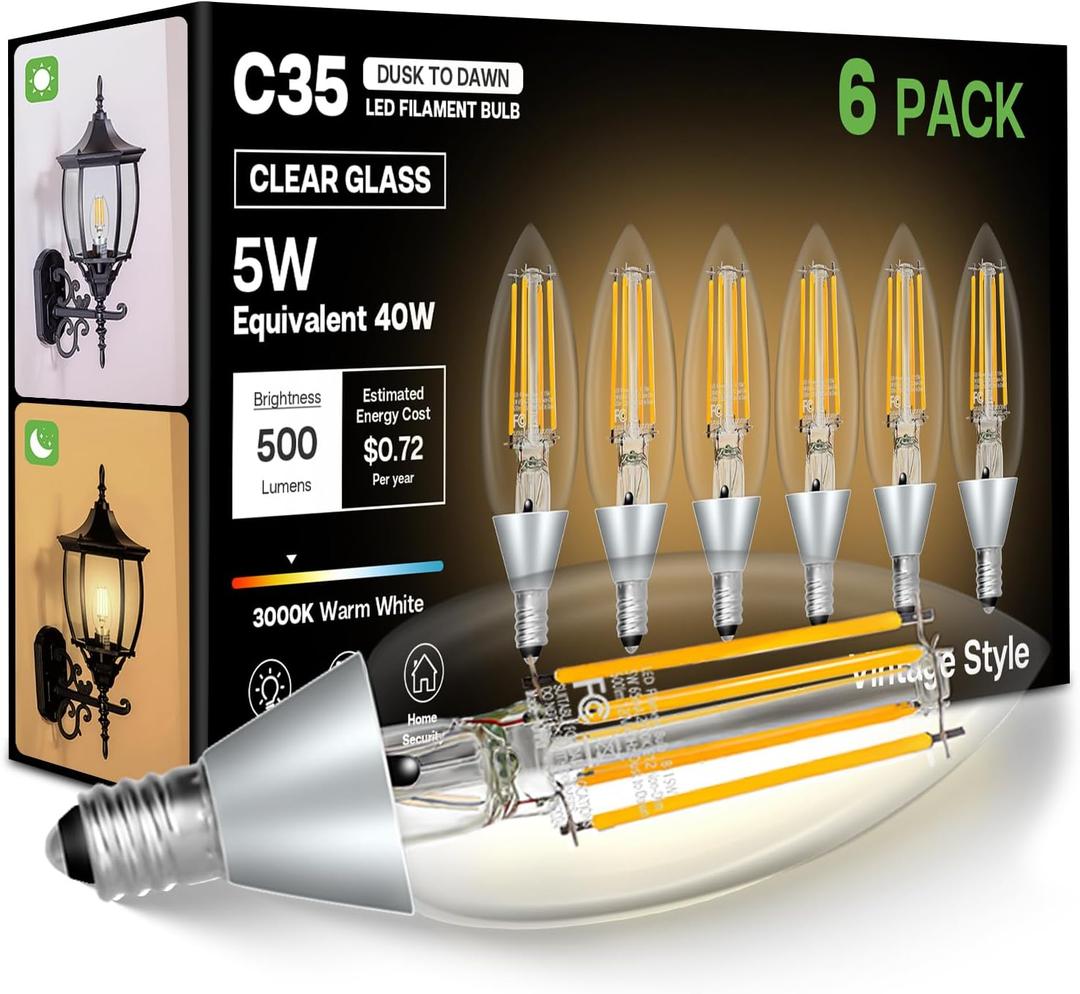 Dusk to Dawn Light Bulbs Outdoor: 5W Equivalent 40W, Candelabra B11 Light Bulb, 3000K Warm White, Edison LED Bulbs E12 Base, Lighting Sensor, Auto On/Off for Porch Patio Garage, 6 Pack
