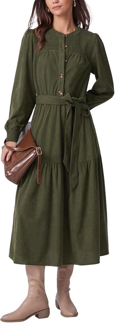 Kedera Elegant Corduroy Dress Women Long Sleeve Button Down Spring Shirt Long Maxi Dress with Belt (Medium)