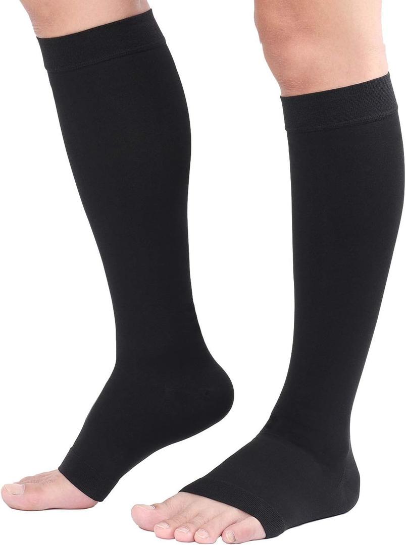 TOFLY 30-40mmHg Medical Graduated Compression Socks for Men & Women, Open Toe Knee High Compression Socks,Firm Support for Circulation Recovery,Shin Splints,Varicose Veins,Edema,Nursing, Black XL