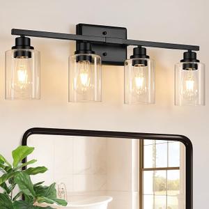 Unicozin Modern Bathroom Light Fixtures, 4 Light Vanity Lights Over Mirror, Black Wall Lamp with Clear Glass for Living Room Cabinet Bedroom Porch