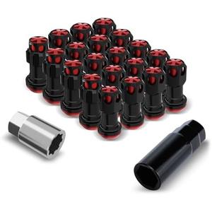 YIIQIEO Lug Nuts Aluminum/Alloy Steel Tire Nut Lock 20 PCS Hex Nuts,4xEight Point Spline Nuts,1xHex Socket Key,1xEight Point Spline Socket Key,22mm OD/45mm H (Red Accents/Black Body, M12x1.5)