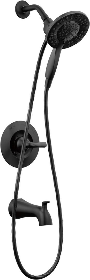 Delta Faucet Arvo 14 Series Single-Handle Tub and Shower Trim Kit, Shower Faucet with 4-Spray In2ition 2-in-1 Dual Hand Held Shower Head with Hose, Matte Black 144840-BL-I (Valve Included)