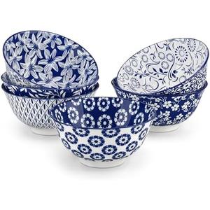 vancasso SELENE 24 oz Cereal Bowls set of 5, Ceramic Soup Bowls for Kitchen, Dishwasher & Microwave Oven Safe- for Cereal, Soup, Pasta, Salad, Blue & White Floral Design Bowl Set