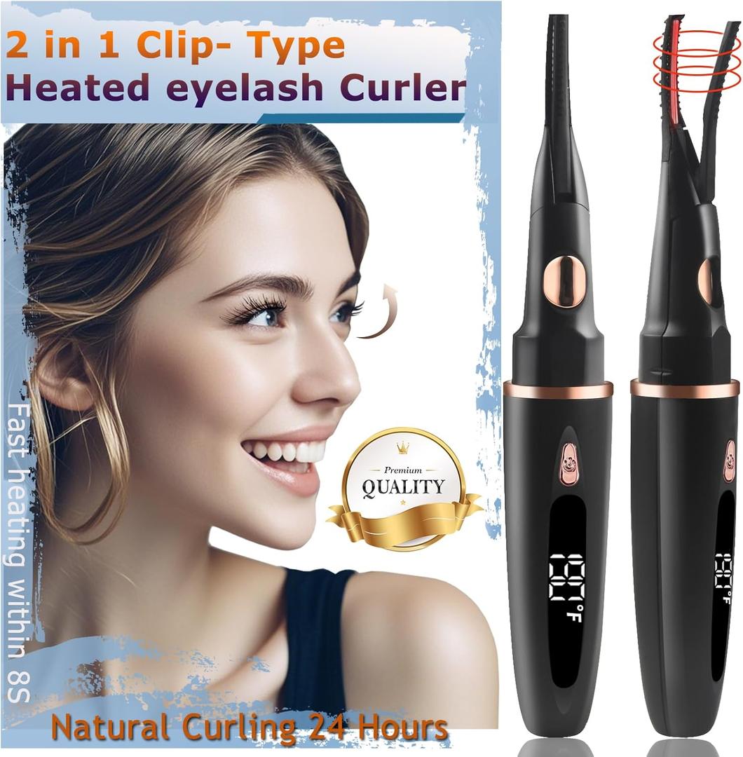 Heated Eyelash Curlers - 2 in 1 Clip- Type Heated lash Curler Electric Eyelash Curler LED Display 3 Temp Settings for Makeup Tools USB Rechargeable Natural Curling 24H Long Lasting-A1A