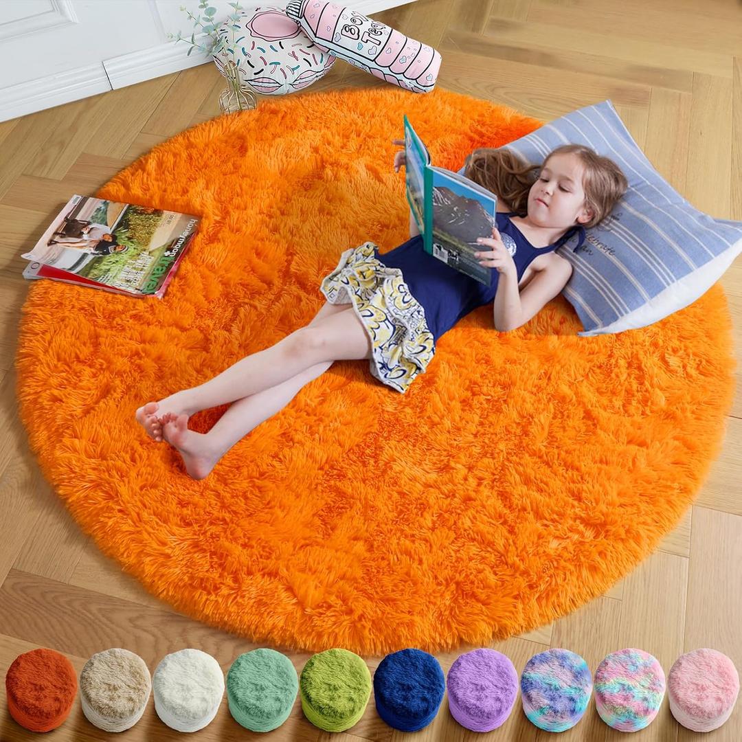 Amdrebio Orange Round Circle Rug 4Ft for Bedroom Living Room, Fluffy Fuzzy Area Rugs for Kids Room Decor Aesthetic, Cute Furry Plush Shag Carpet for Toddler Teen Girls Boys Baby Nursery Dorm Playroom