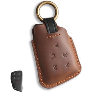 Key Fob Cover for Chevy Compatible with Colorado Silverado 1500 Equinox Tahoe Trax Terrain Blazer GMC for Honda Prologue 5 Button Smart Leather Car Key Case Shell Chain/Brown
