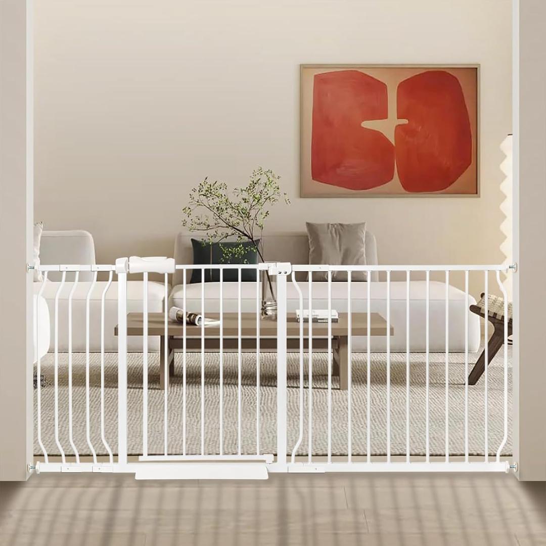 Extra Wide Baby Gate 66.9-71.65 Pressure Mounted,Child Dog Pet Safety Gates with Walk Through Door for Doorways Stairs No Drilling in Door,White