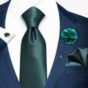 2 x Solid Color Ties Set Men Handkerchief Cufflinks Brooch 3.15 inches Classic Formal Necktie Pocket Square Set (Green)