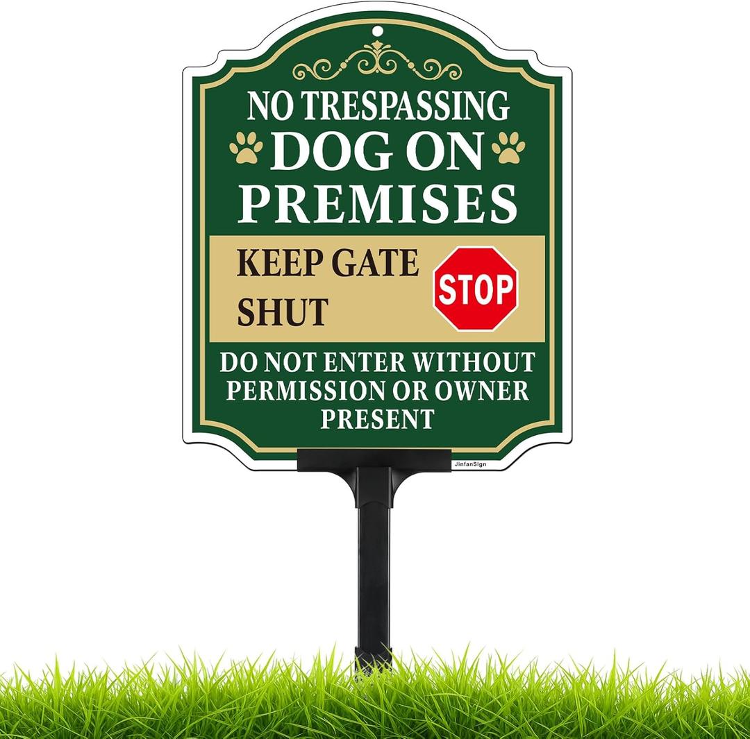 No Trespassing Dog on Premises Sign with Adjustable Height Stake Set, Beware of Dog Sign, 12x10 Inch/44 Inch High-50-Mil Thick Aluminum, Dog on Duty Signs for Yard, Plug and Play Ready